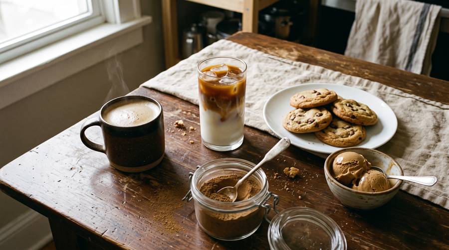 Hojicha powder on a kitchen table with latte, iced latte, cookies and ice cream