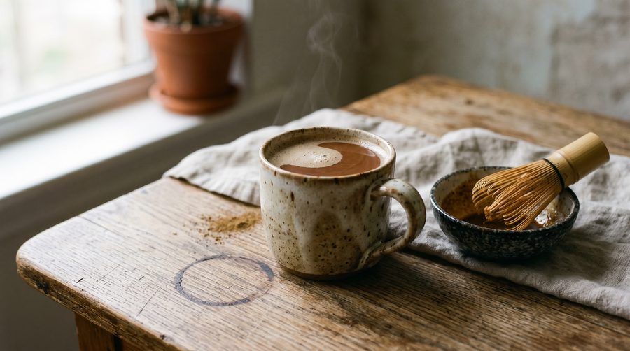 Hot hojicha latte in a ceramic mug with bamboo whisk and hojicha powder on a kitchen table