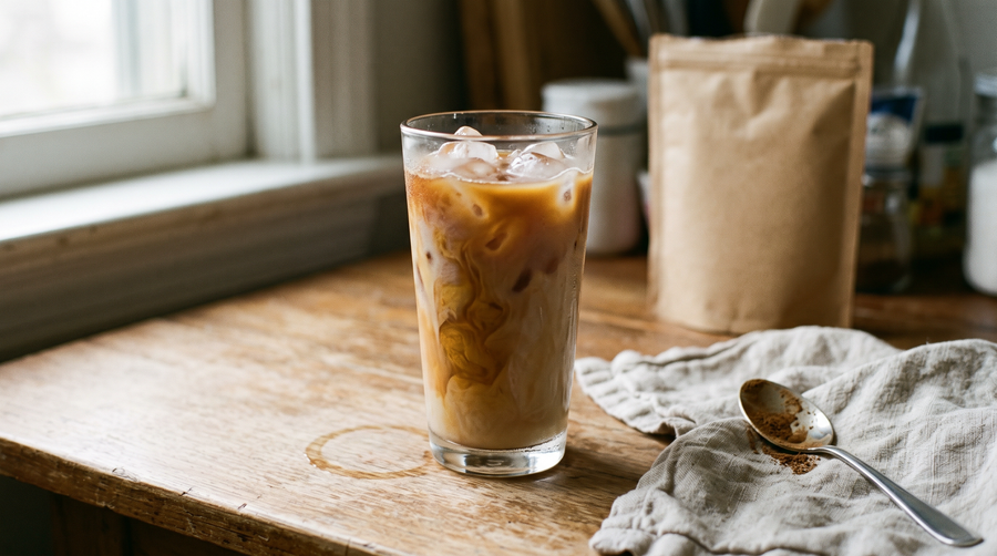 Iced hojicha latte with amber tea swirling over milk and ice on a kitchen table