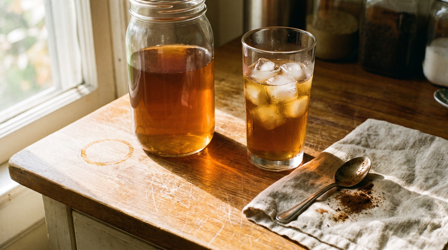 Glass jar of cold brew hojicha and a poured glass with ice on a kitchen counter