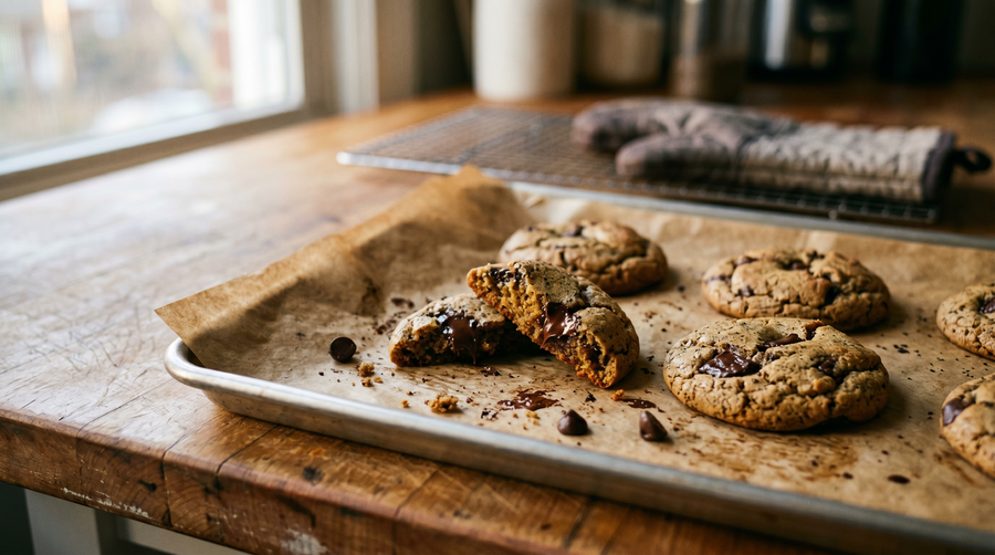 Hojicha chocolate chip cookies cooling on a baking sheet, one broken open