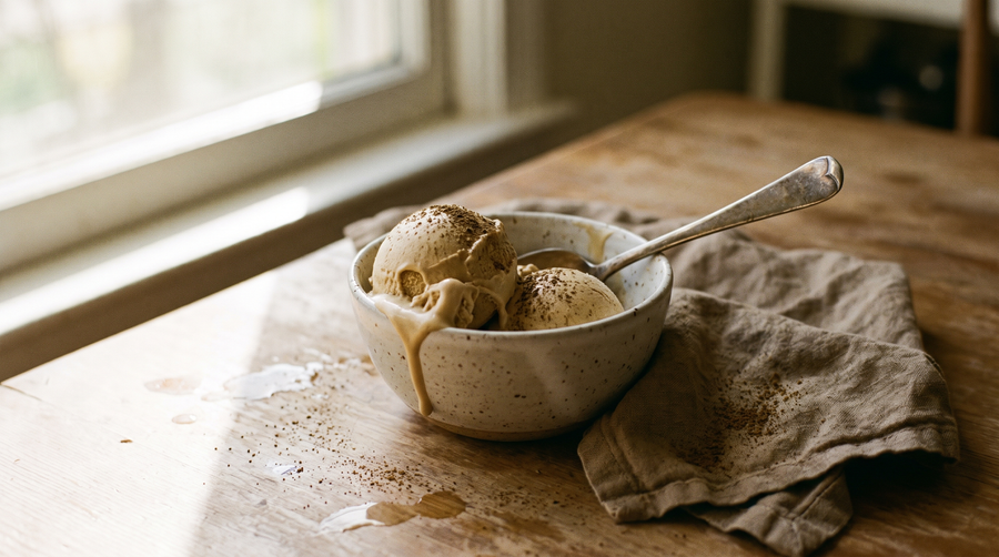 Scoops of hojicha ice cream in a ceramic bowl on a wooden table