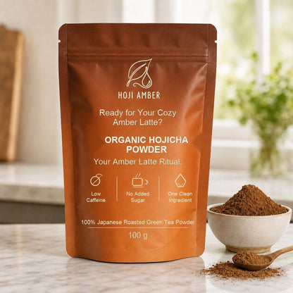 Hoji Amber organic hojicha powder pouch with roasted green tea powder bowl